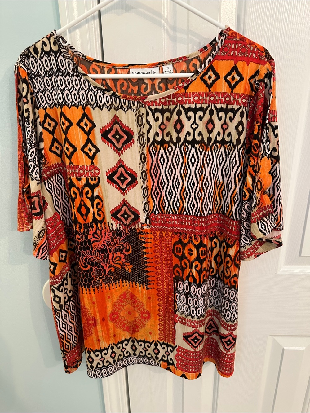 Susan Graver Orange Multi Patchwork Short-Sleeve Top